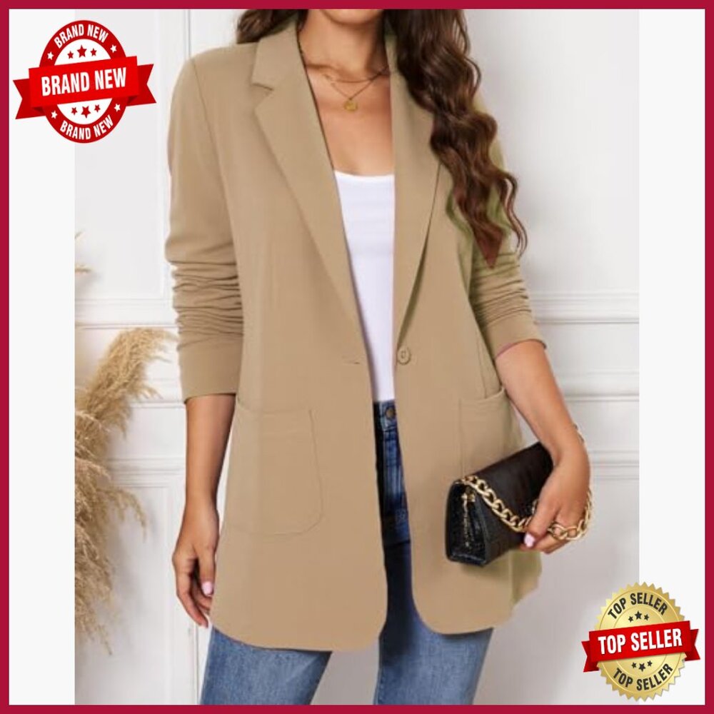 Long Boyfriend Blazer with Notched Lapel, Padded Shoulders, Side Pockets - Picture 4 of 4